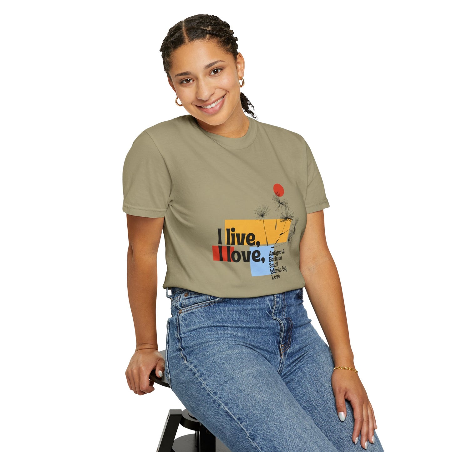 I Live, Love Antigua & Barbuda Unisex Garment-Dyed T-Shirt