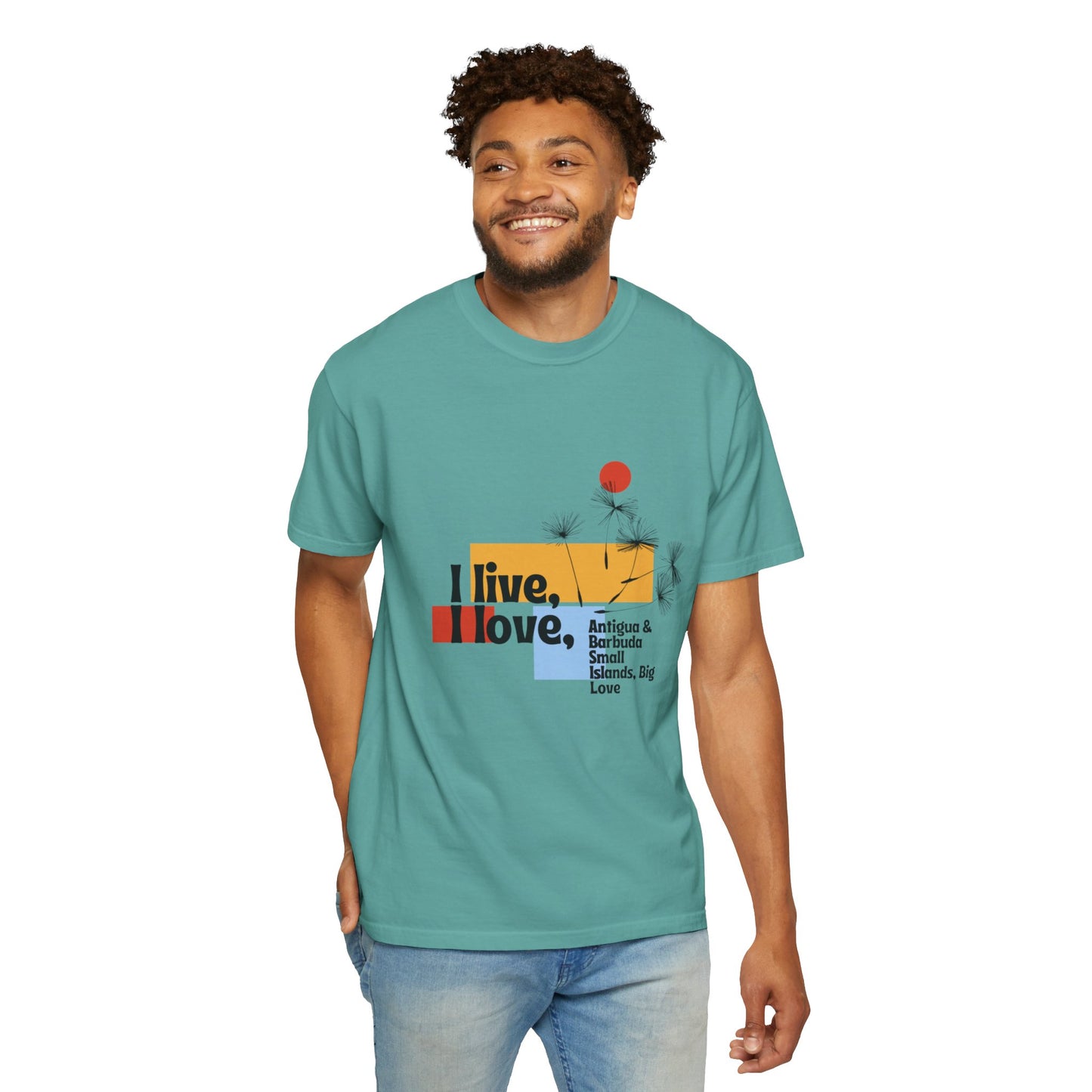 I Live, Love Antigua & Barbuda Unisex Garment-Dyed T-Shirt