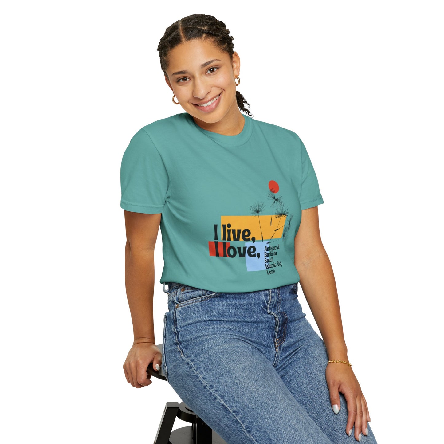 I Live, Love Antigua & Barbuda Unisex Garment-Dyed T-Shirt
