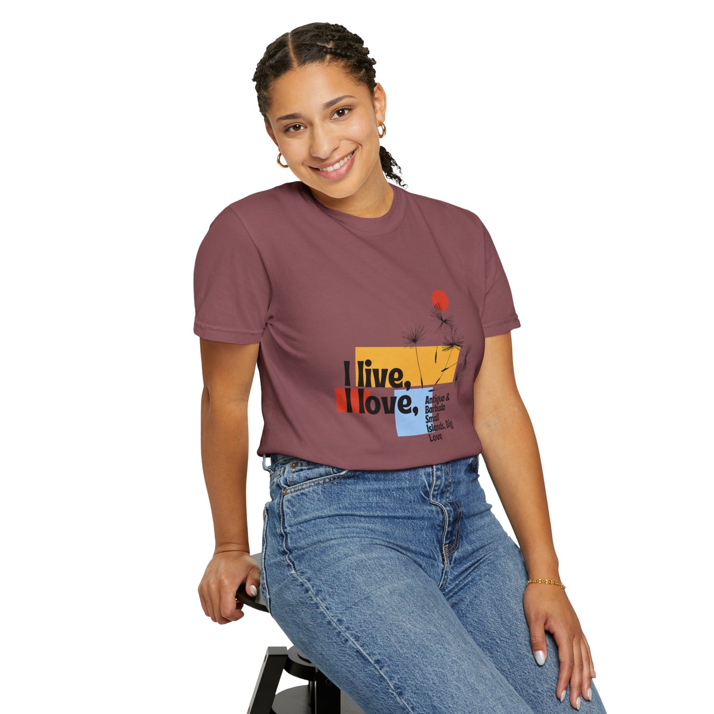 I Live, Love Antigua & Barbuda Unisex Garment-Dyed T-Shirt