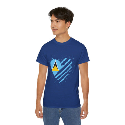 Heart Shape Saint Lucia Flag Cotton T-Shirt
